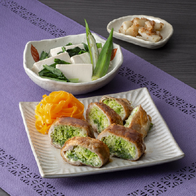 チーズとキャベツの豚肉包み・豆腐のあっさり煮・ごぼうの梅おかか風味