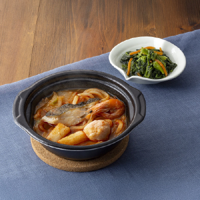 レンジで海鮮キムチ鍋・ほうれん草のお浸し